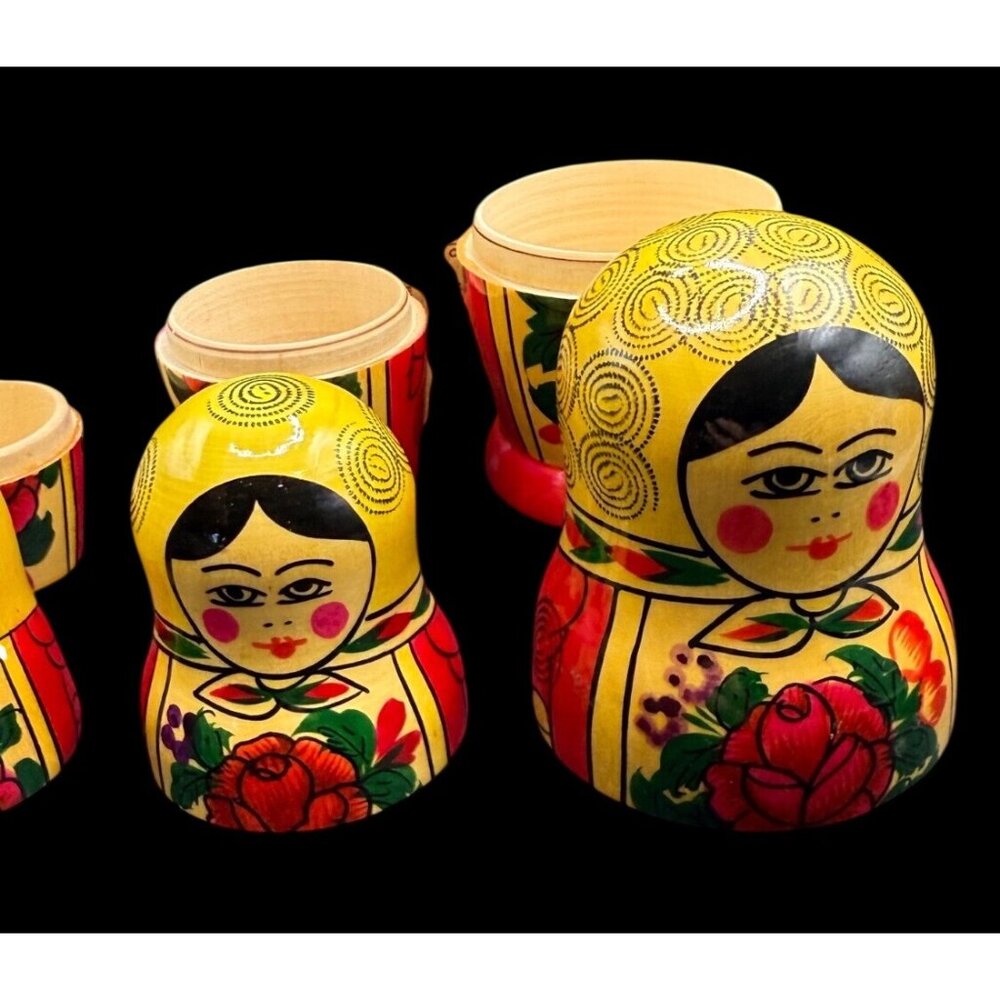 Hand-Painted Set Of 6 Wooden Russian Matryoshka Nesting Dolls With Floral Design - Picture 6 of 11